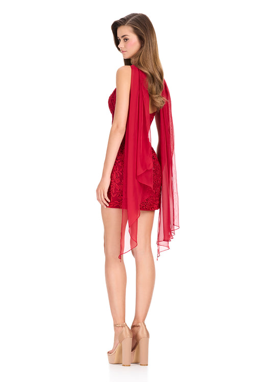 ASHLEYlauren 40060 - Lace Appliqué Mini Dress with Chiffon Scarf
