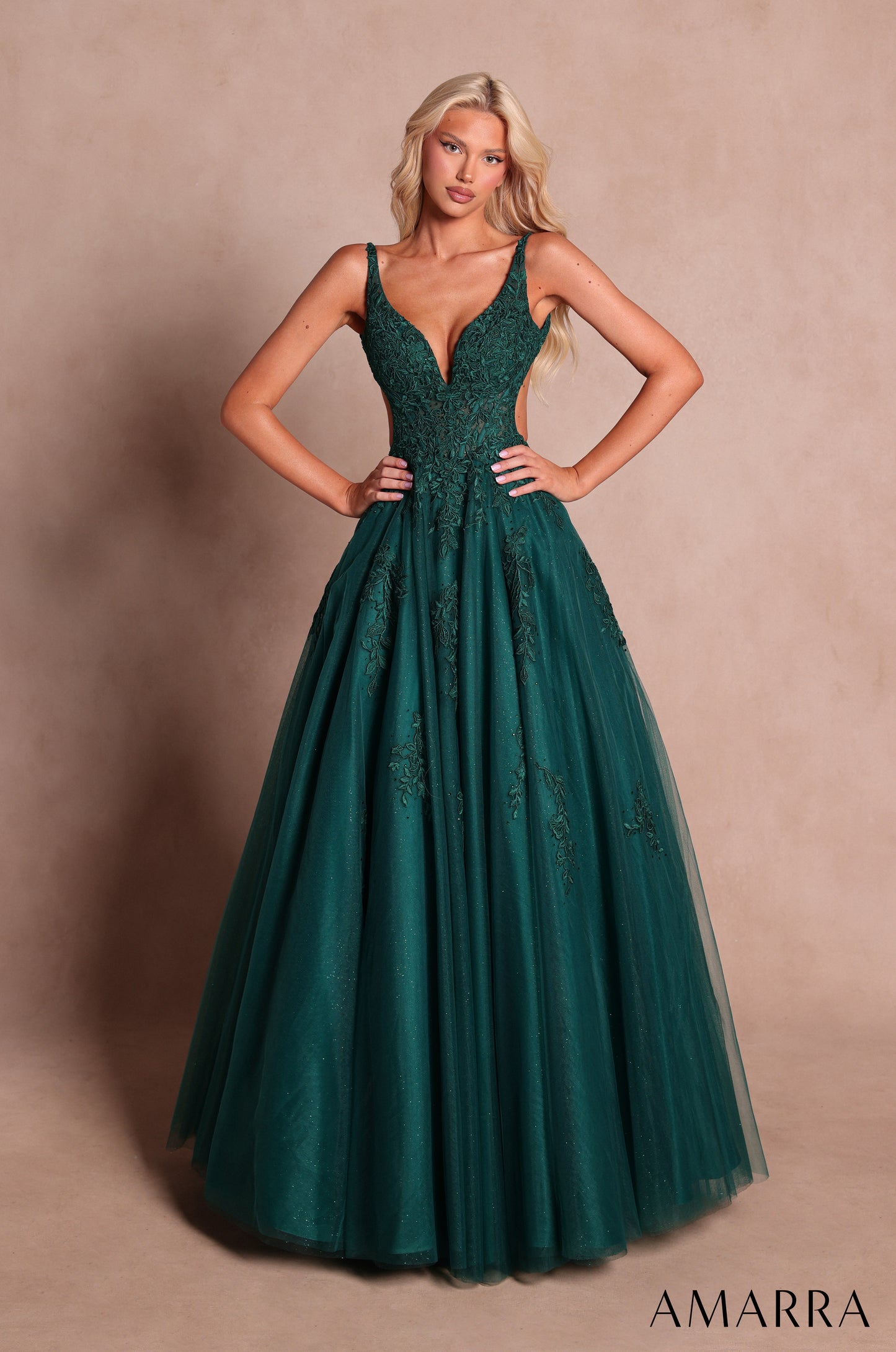 AMARRA 89786 | Lace V-Neck Ball Gown with Open Back