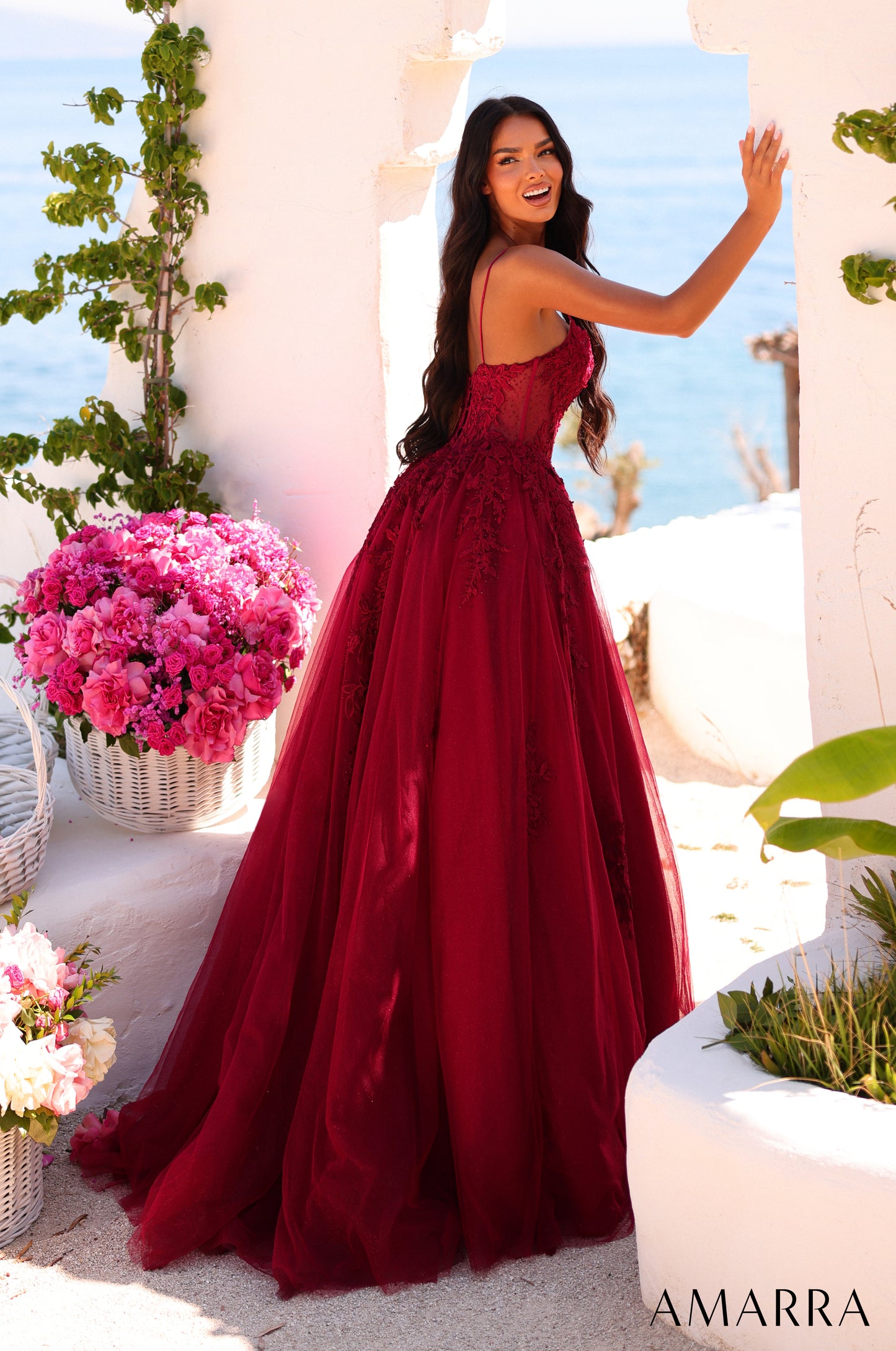 AMARRA 89806 | Lace A-Line Ball Gown with Spaghetti Straps