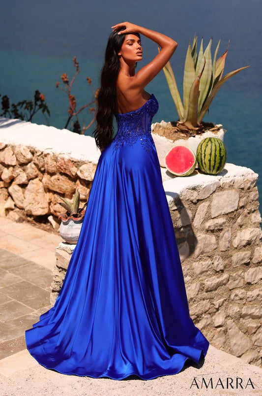 AMARRA 89628 | Strapless Satin Ball Gown with Embellished Corset Bodice