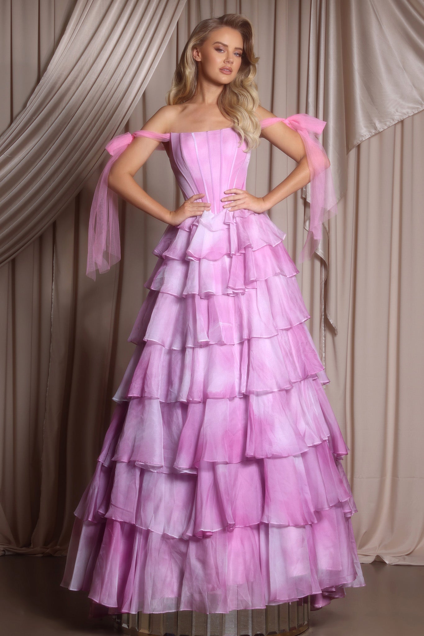 Portia & Scarlett Corset Ruffle Prom Dress Bow Strap PS26143