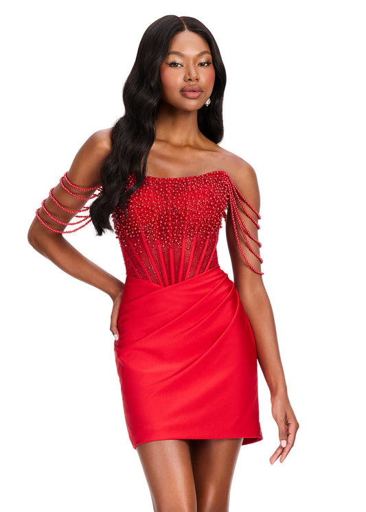 ASHLEYlauren 40046 - Embellished Fringe Sleeve Mini Dress