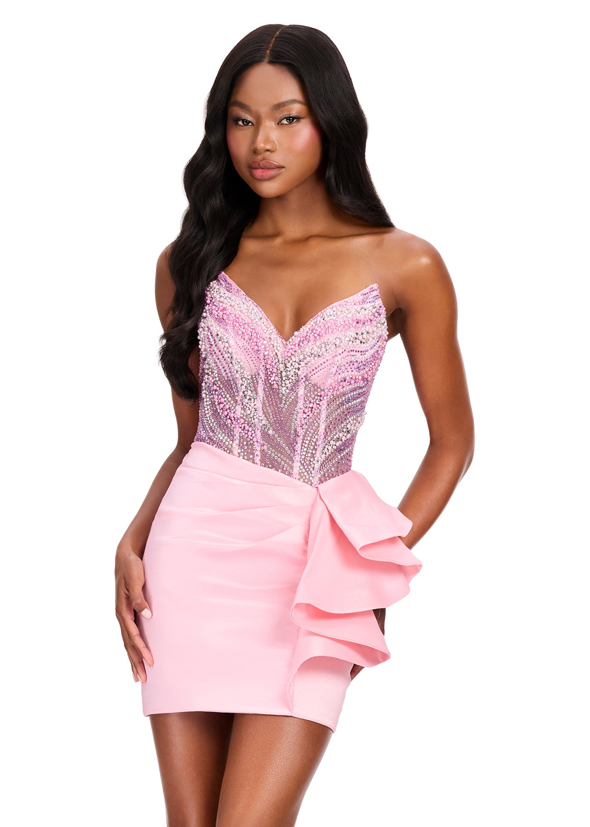 ASHLEYlauren 40054 - Swirl Embellished Ruffle Mini Dress
