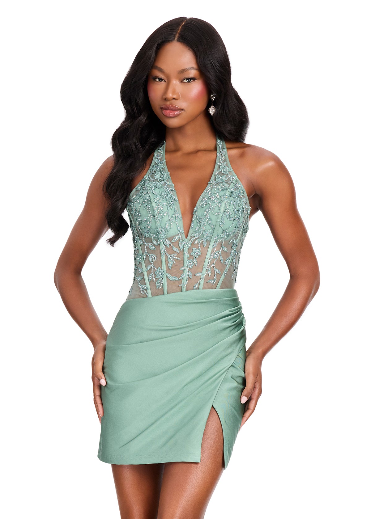 ASHLEYlauren 40059 - Embellished Appliqué Halter Mini Dress