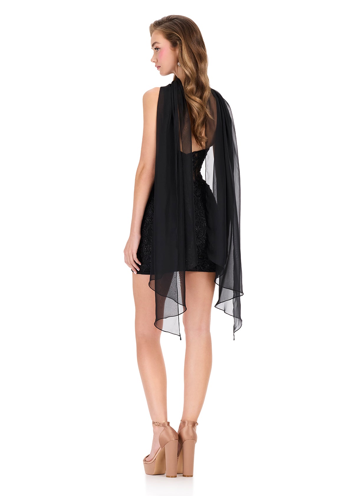 ASHLEYlauren 40060 - Lace Appliqué Mini Dress with Chiffon Scarf