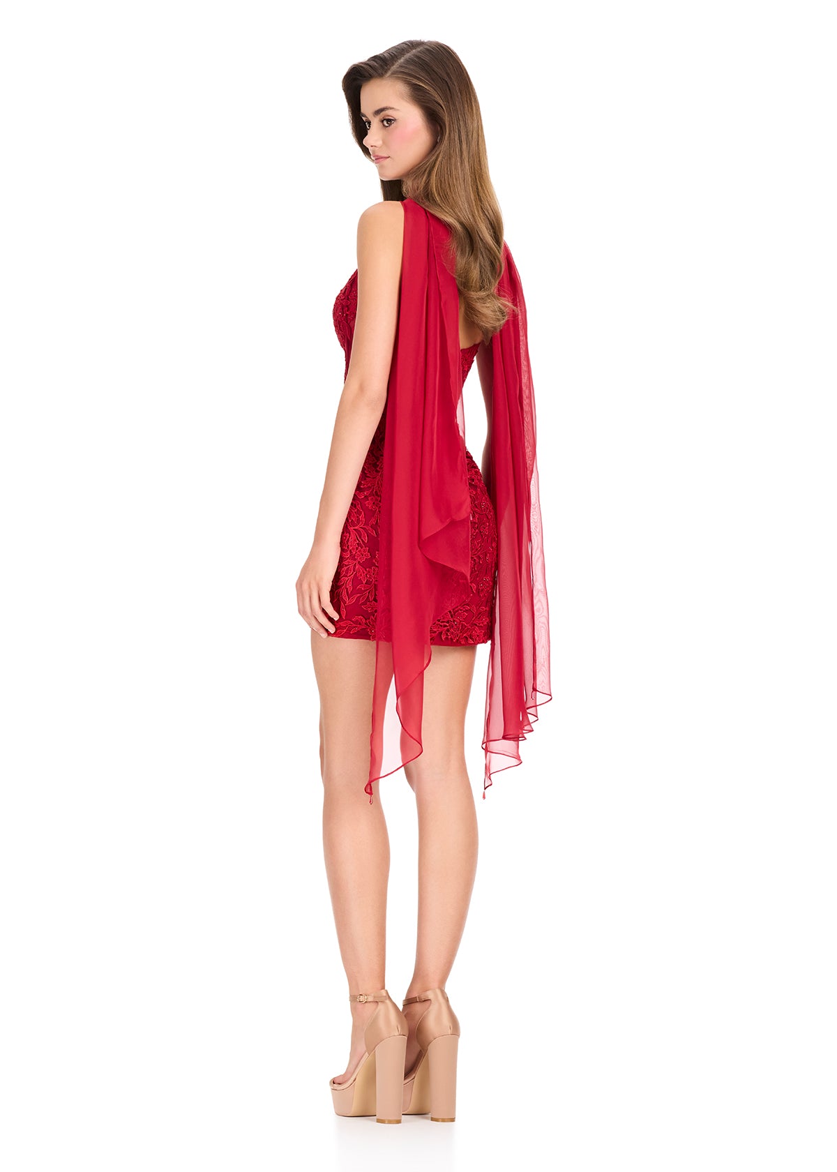 ASHLEYlauren 40060 - Lace Appliqué Mini Dress with Chiffon Scarf