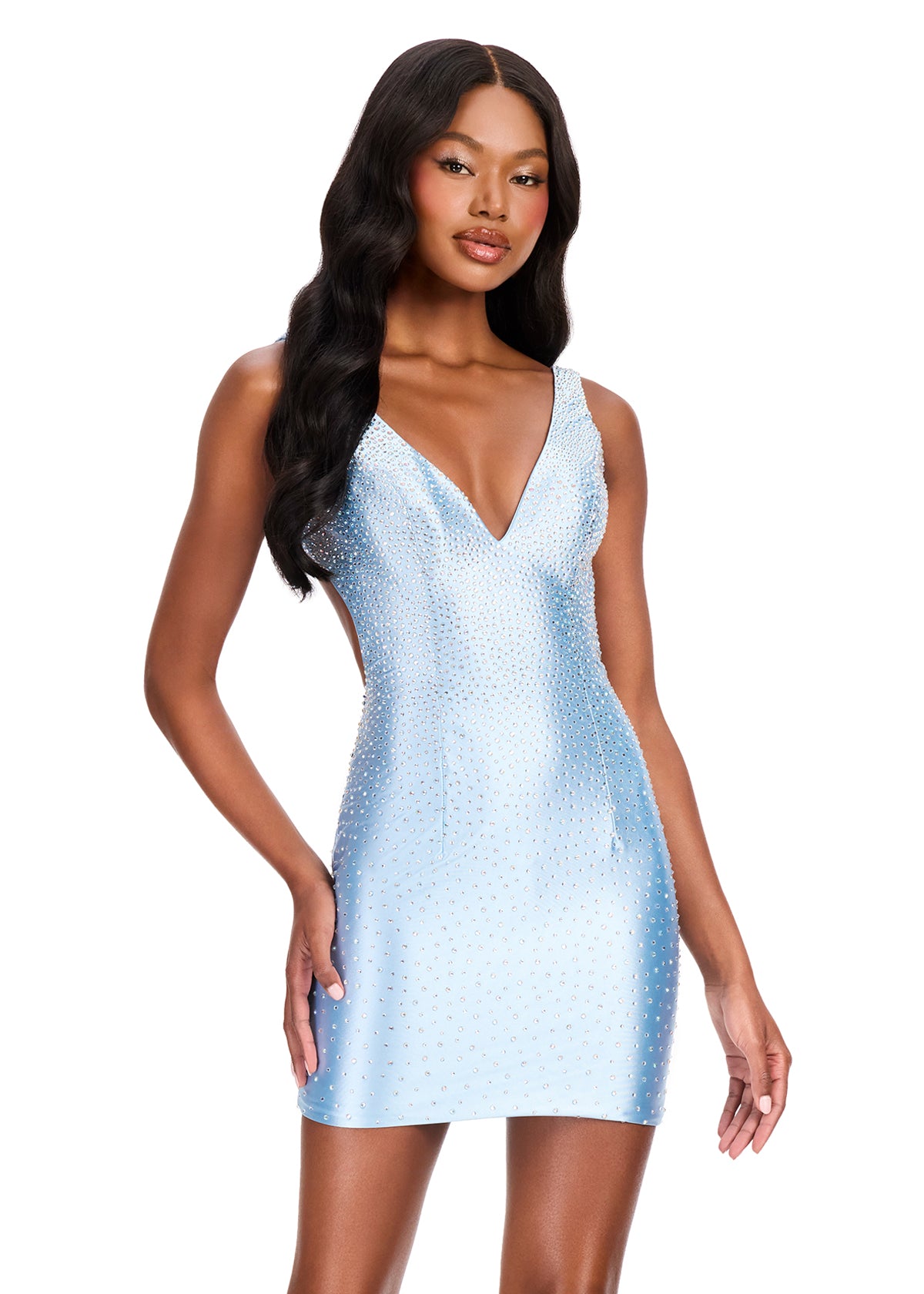 ASHLEYlauren 40070 - Crystal Embellished Open-Back Mini Dress