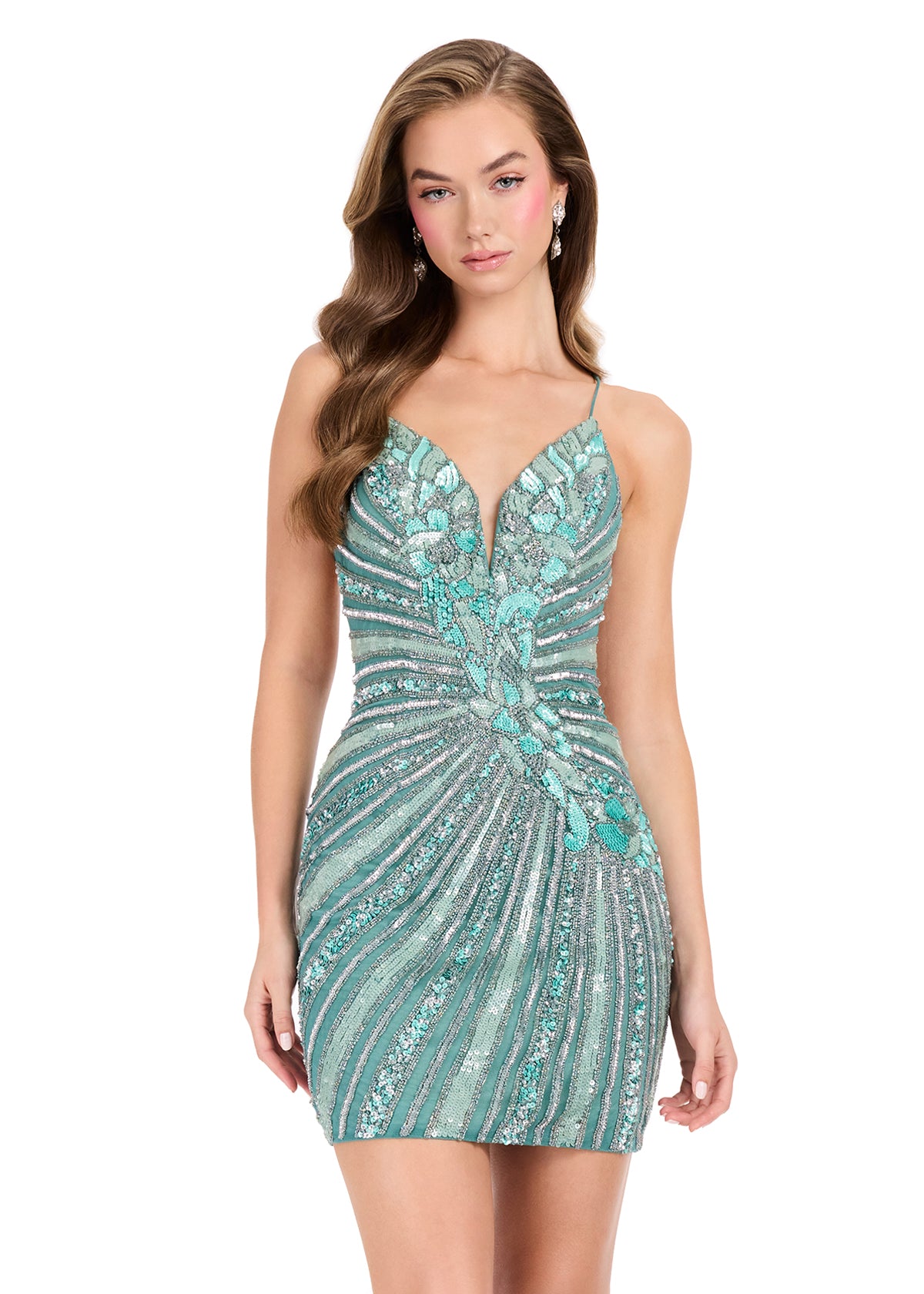 ASHLEYlauren 40090 - Linear Beaded Plunging Mini Dress
