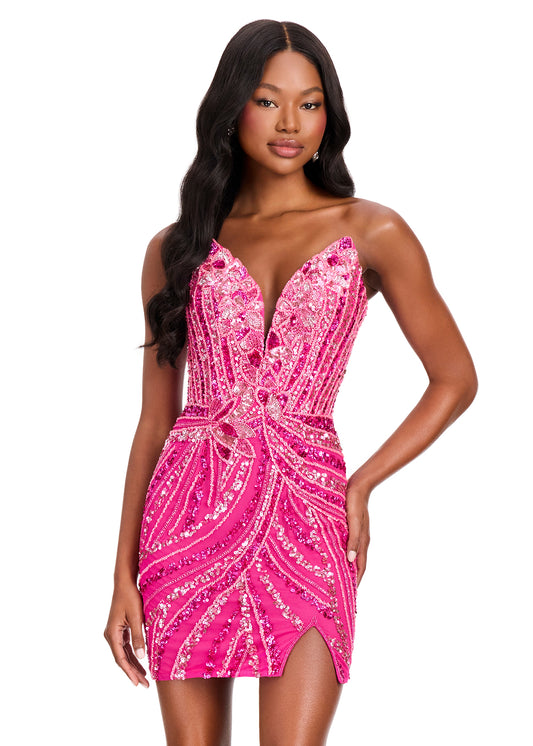 ASHLEYlauren 40096 - Fully Beaded Floral Appliqué Mini Dress
