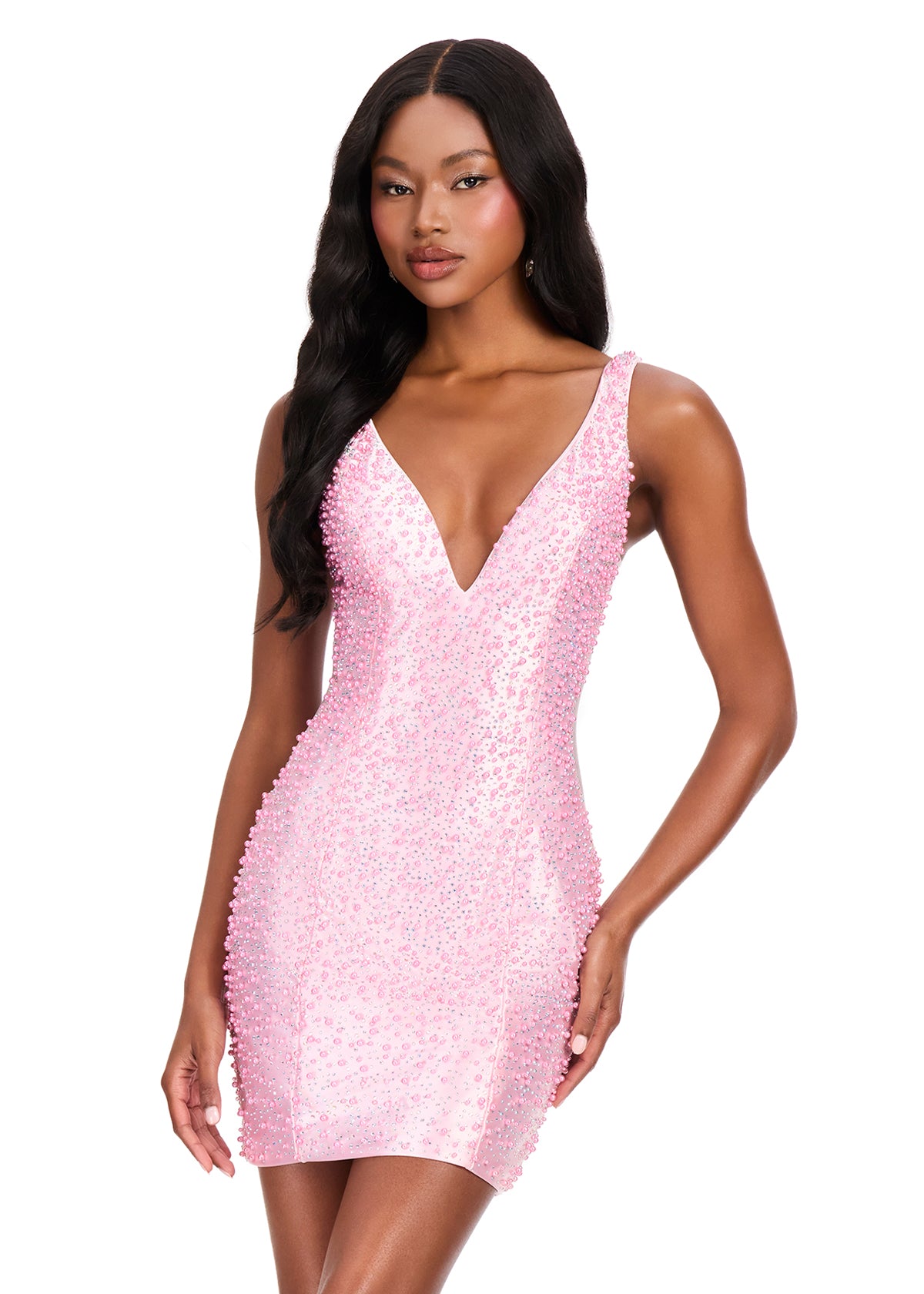 ASHLEYlauren 40101 - Pearl Embellished Plunging Mini Dress