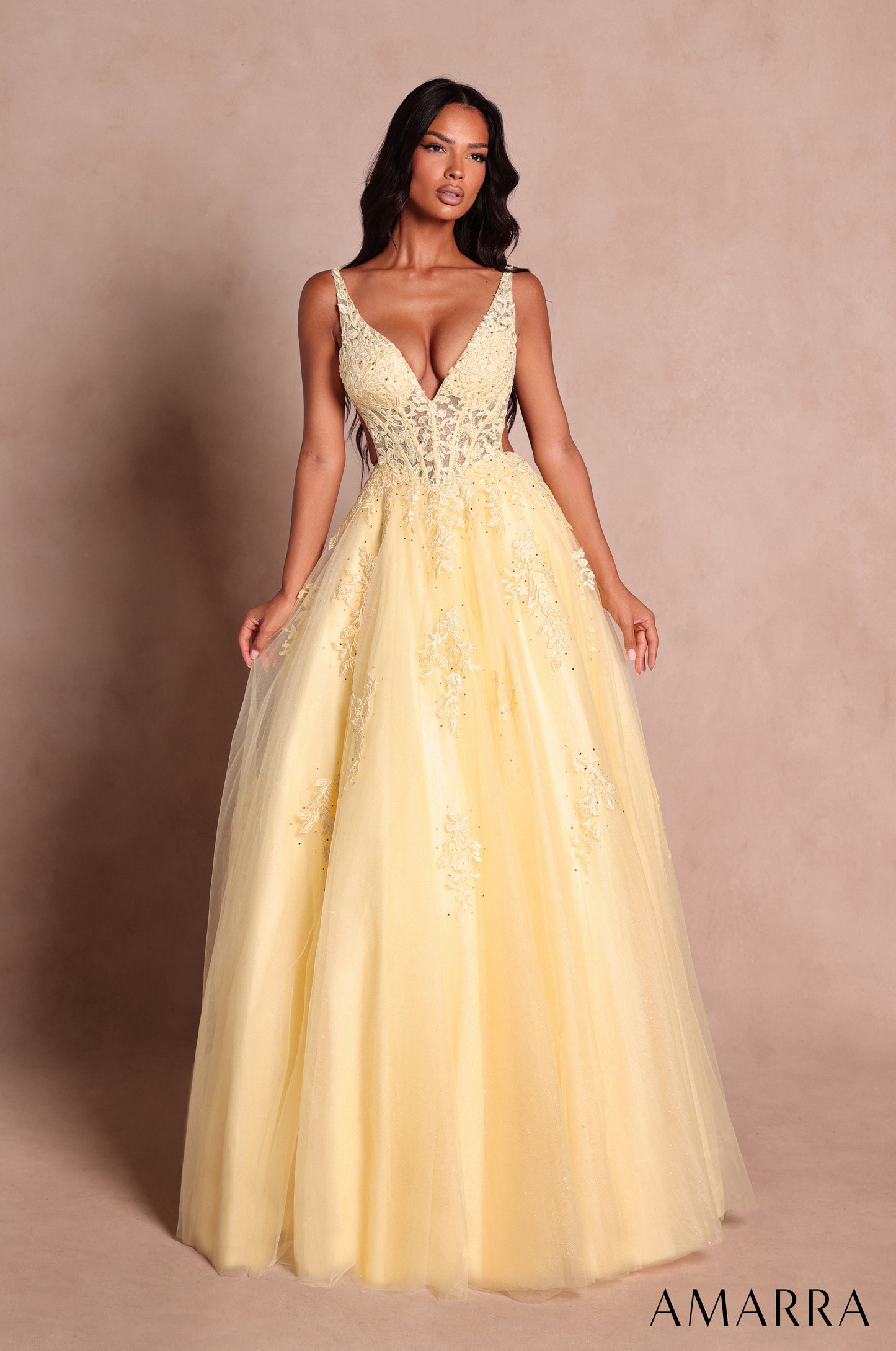 AMARRA 89786 | Lace V-Neck Ball Gown with Open Back