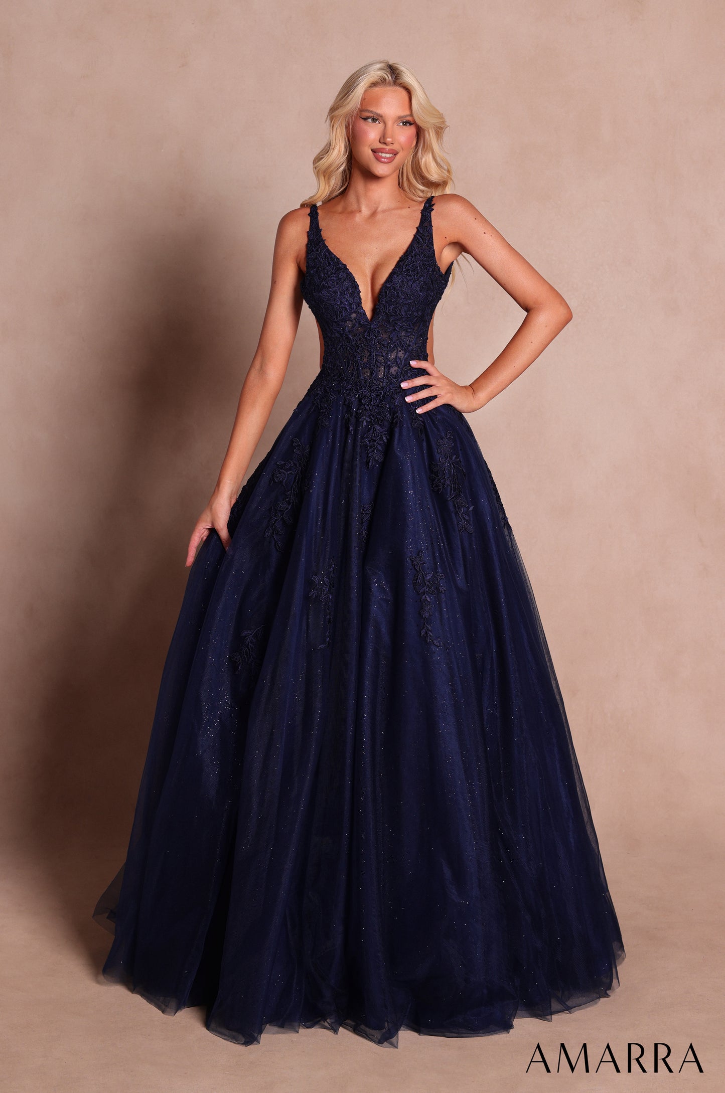 AMARRA 89786 | Lace V-Neck Ball Gown with Open Back