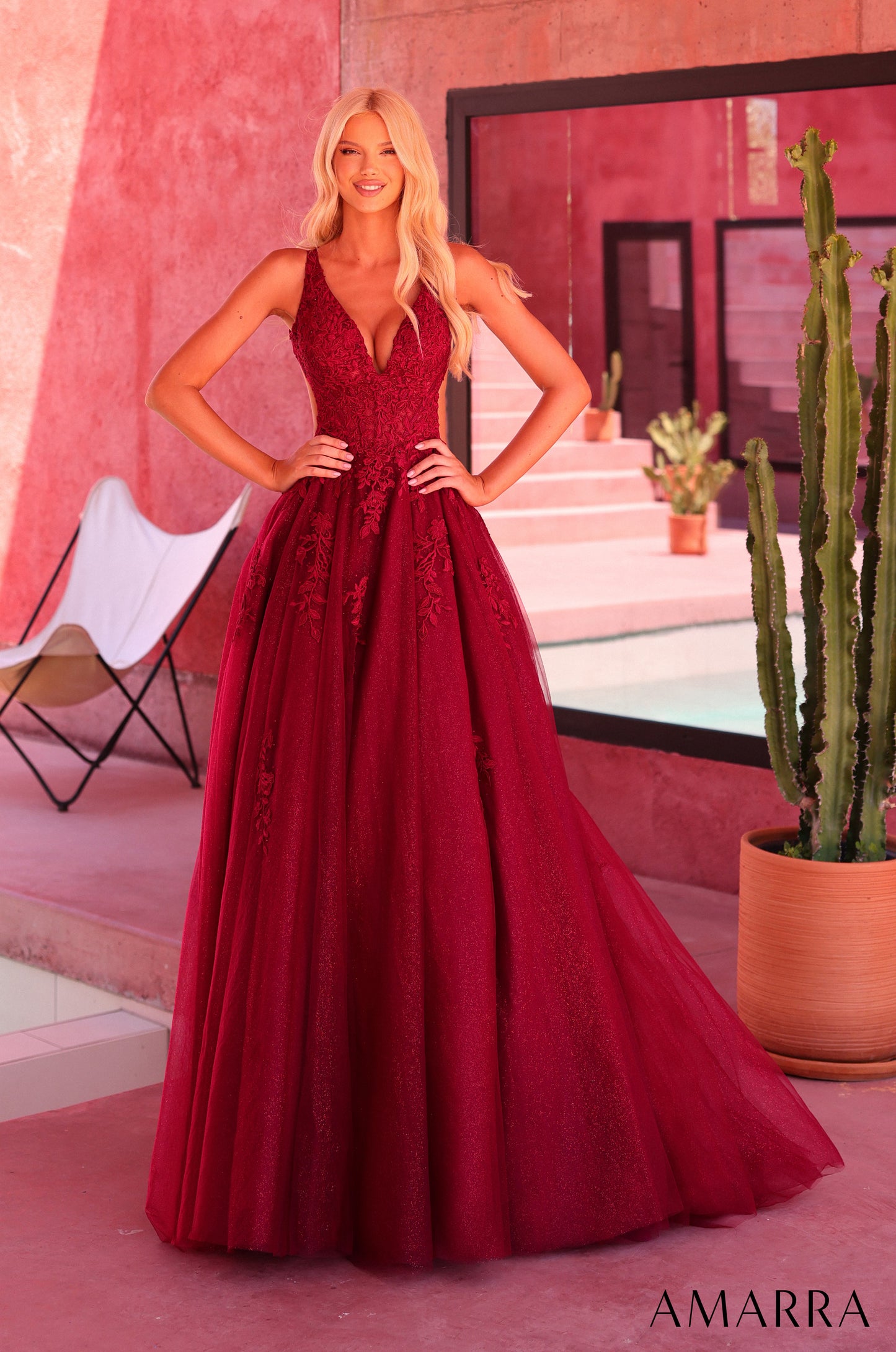 AMARRA 89786 | Lace V-Neck Ball Gown with Open Back
