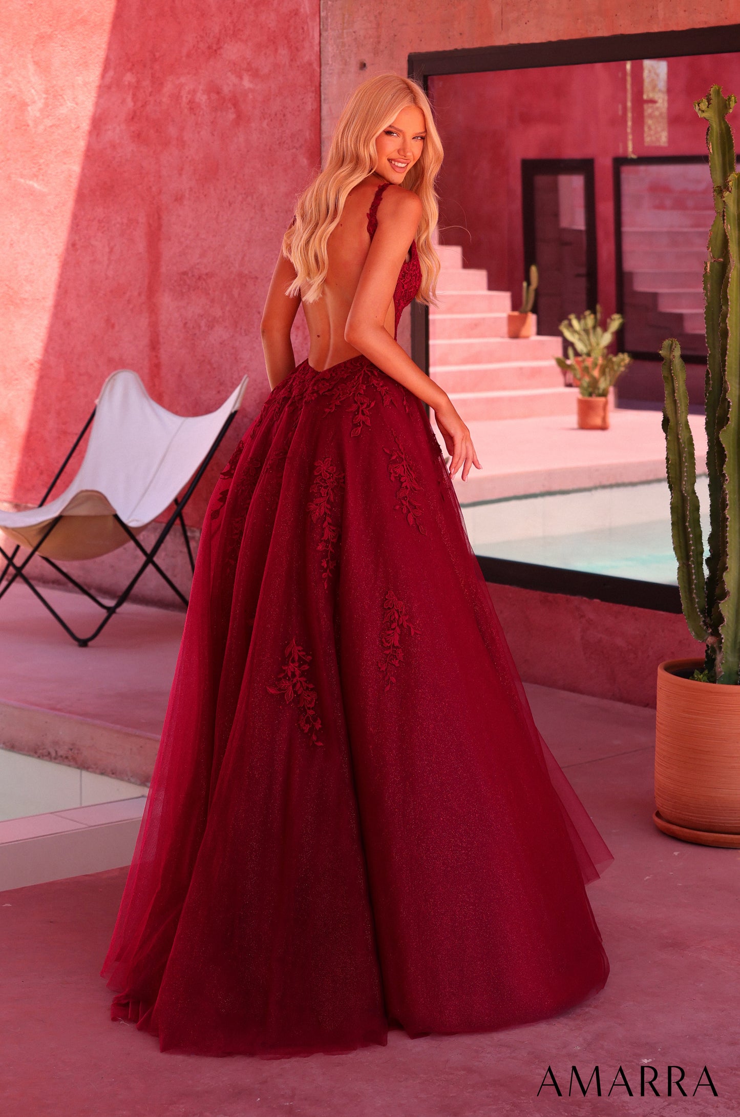AMARRA 89786 | Lace V-Neck Ball Gown with Open Back