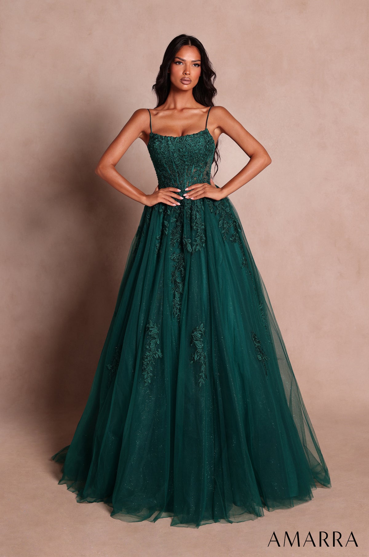 AMARRA 89806 | Lace A-Line Ball Gown with Spaghetti Straps