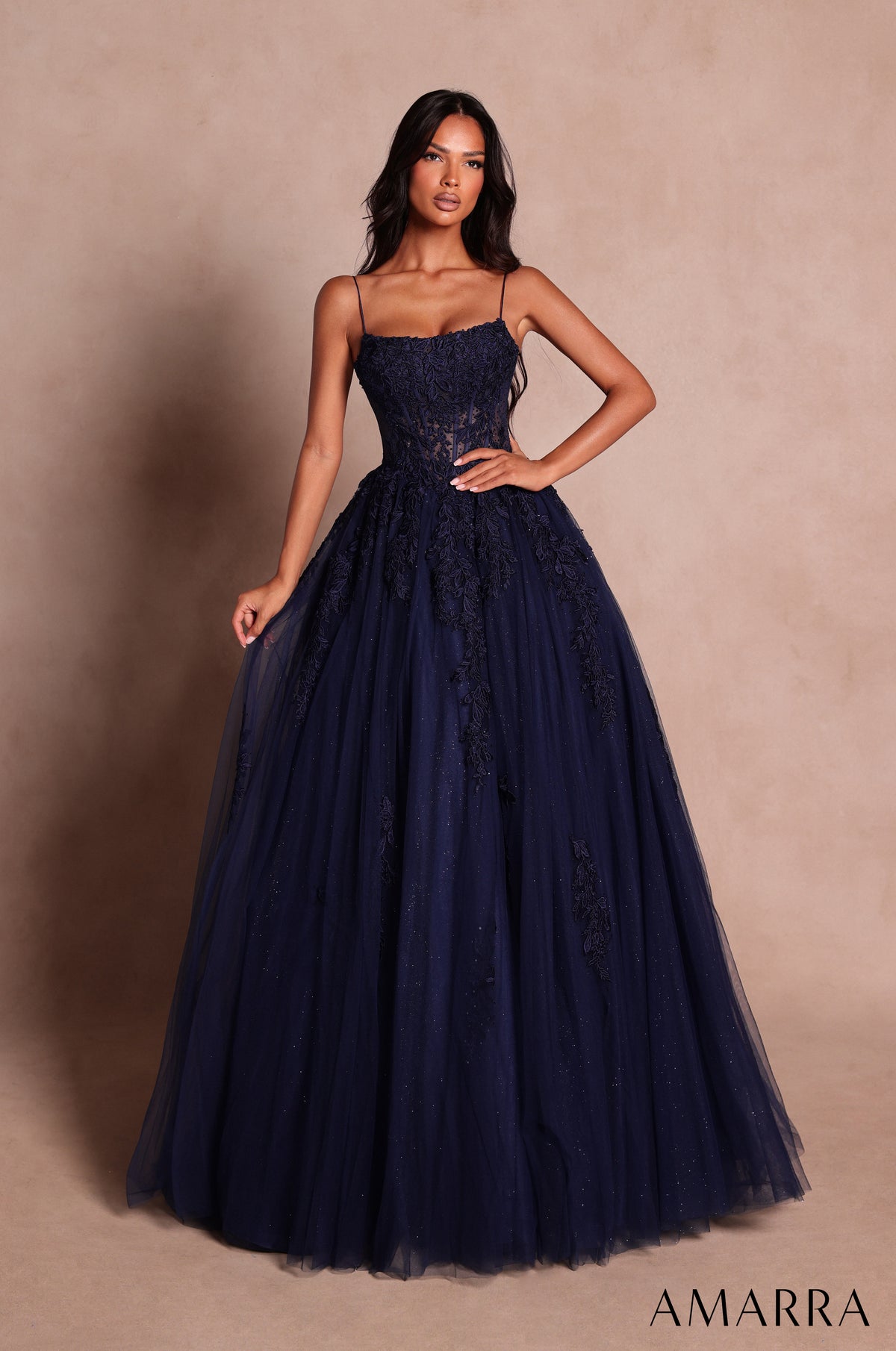 AMARRA 89806 | Lace A-Line Ball Gown with Spaghetti Straps