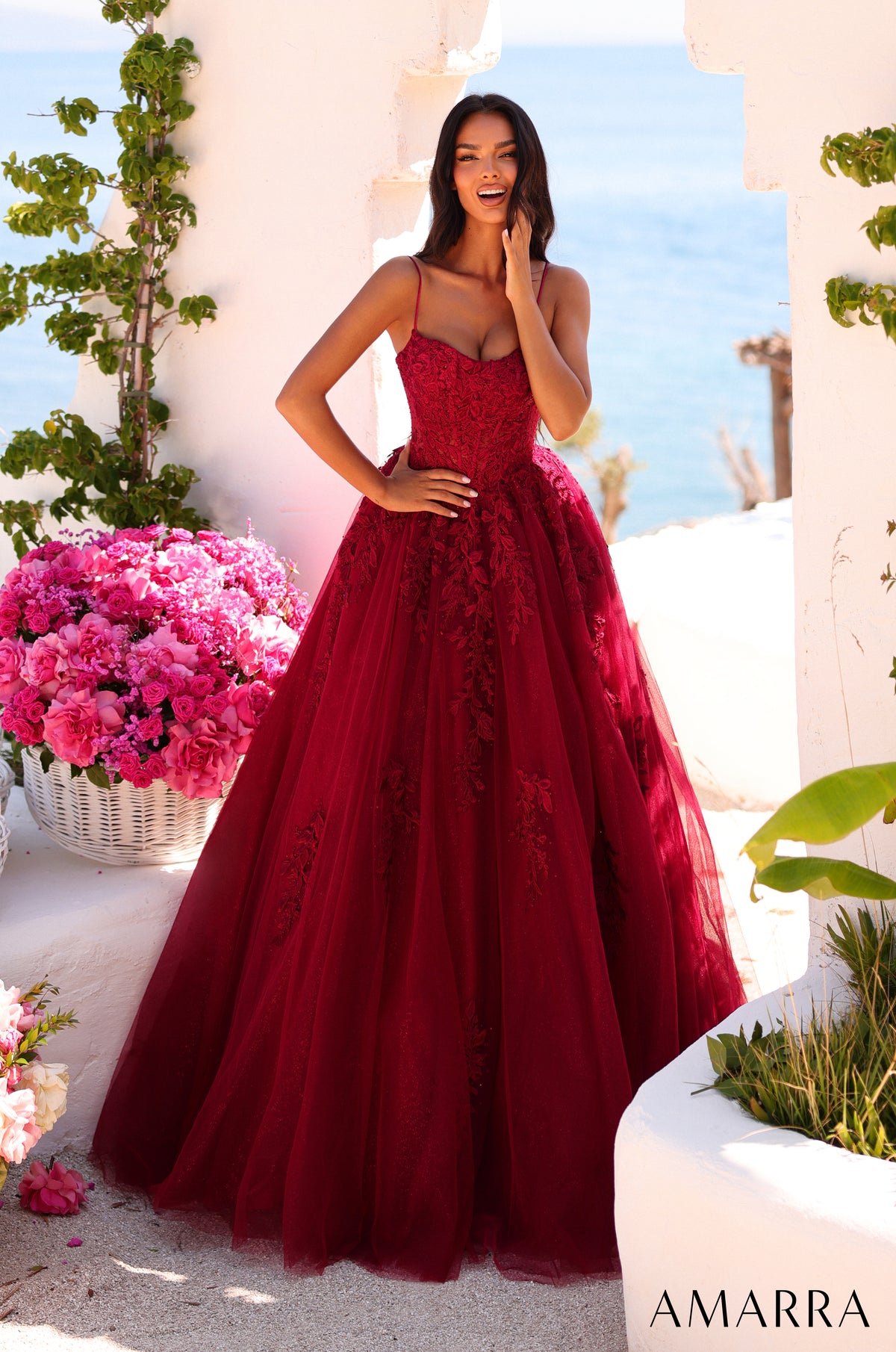 AMARRA 89806 | Lace A-Line Ball Gown with Spaghetti Straps