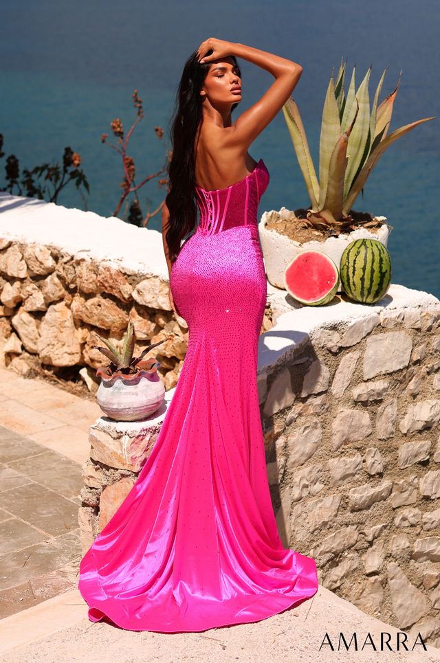 AMARRA 89708 | Strapless Rhinestone Corset Gown with High Slit