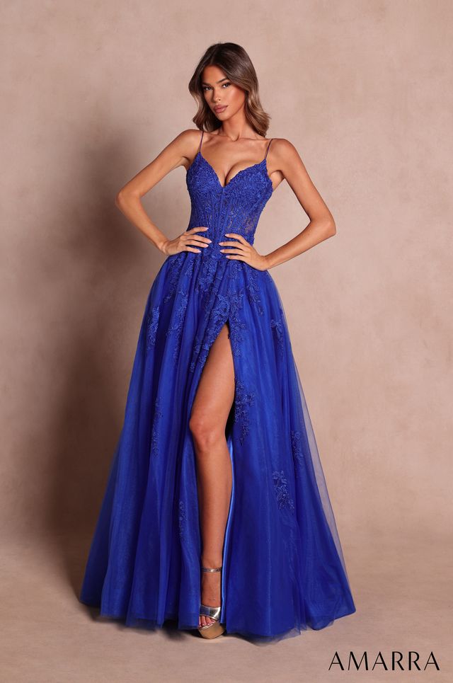 AMARRA 89693 | Corset A-Line Gown with Lace Appliqué and Slit
