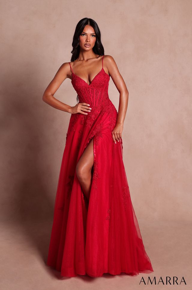 AMARRA 89693 | Corset A-Line Gown with Lace Appliqué and Slit