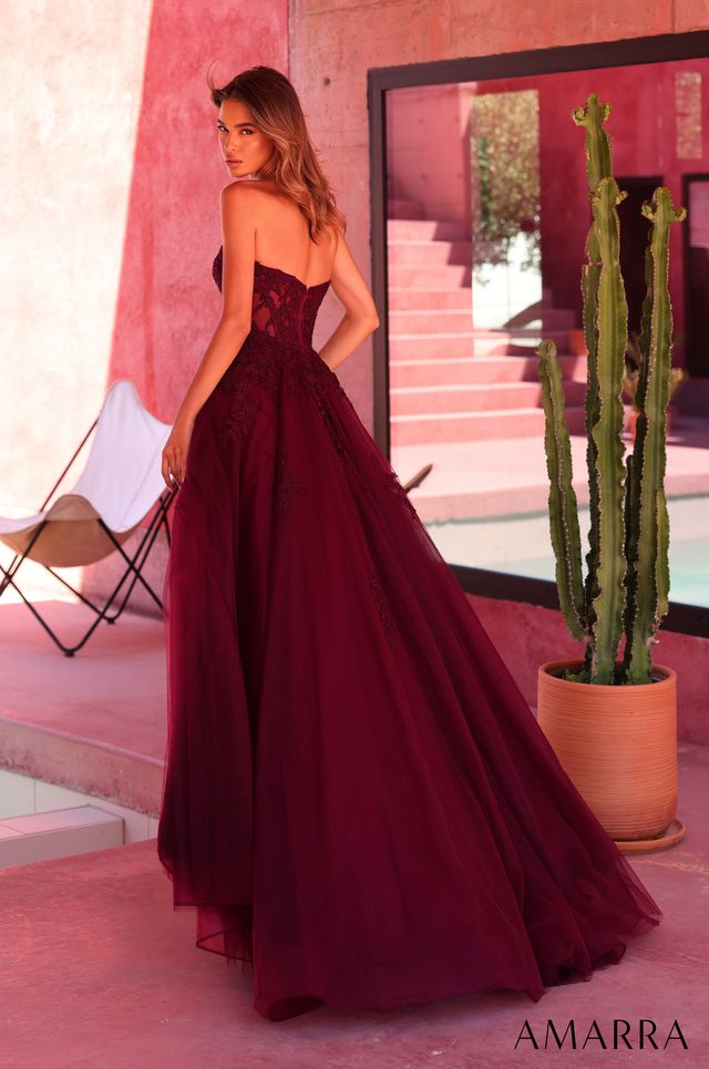 AMARRA 89689 | Strapless Tulle Ball Gown with Lace Appliqué