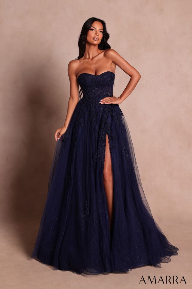 AMARRA 89689 | Strapless Tulle Ball Gown with Lace Appliqué