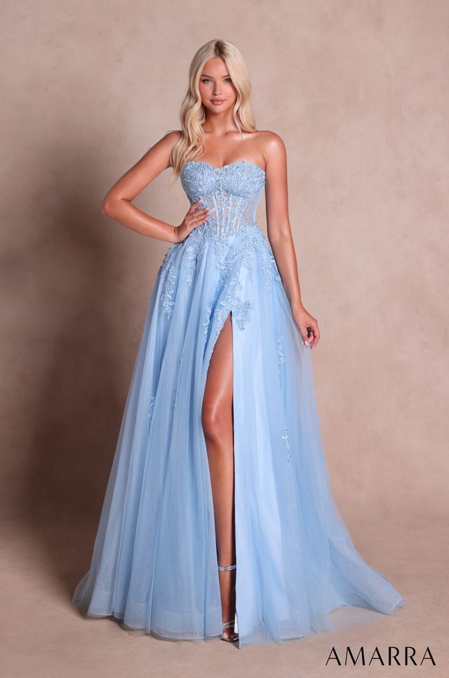 AMARRA 89689 | Strapless Tulle Ball Gown with Lace Appliqué