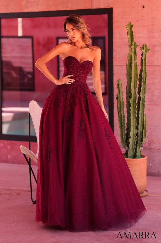 AMARRA 89688 | Strapless Lace Ball Gown with Corset Bodice