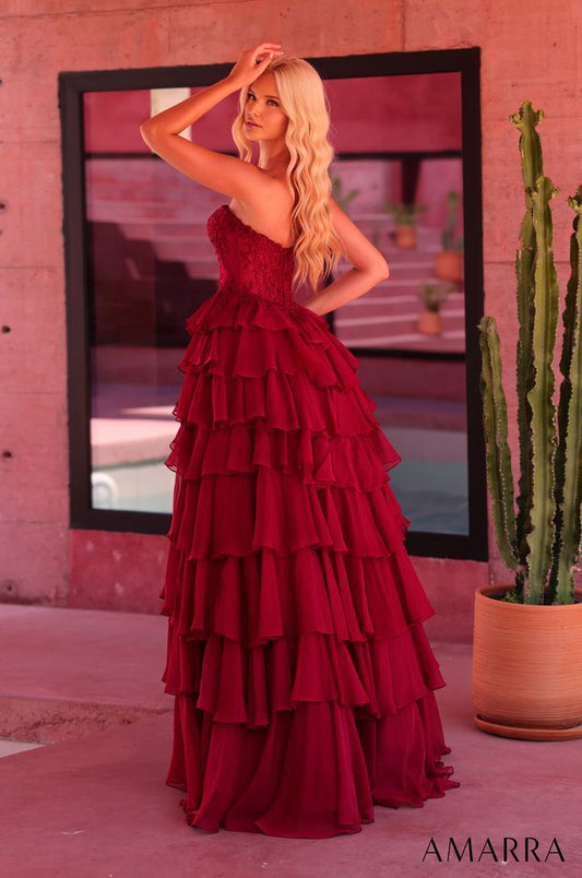 AMARRA 89687 | Strapless Lace High-Low Gown with Tiered Ruffles