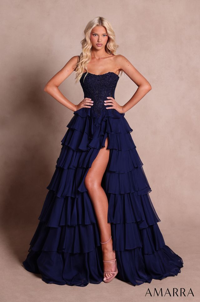 AMARRA 89687 | Strapless Lace High-Low Gown with Tiered Ruffles