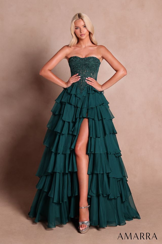 AMARRA 89687 | Strapless Lace High-Low Gown with Tiered Ruffles