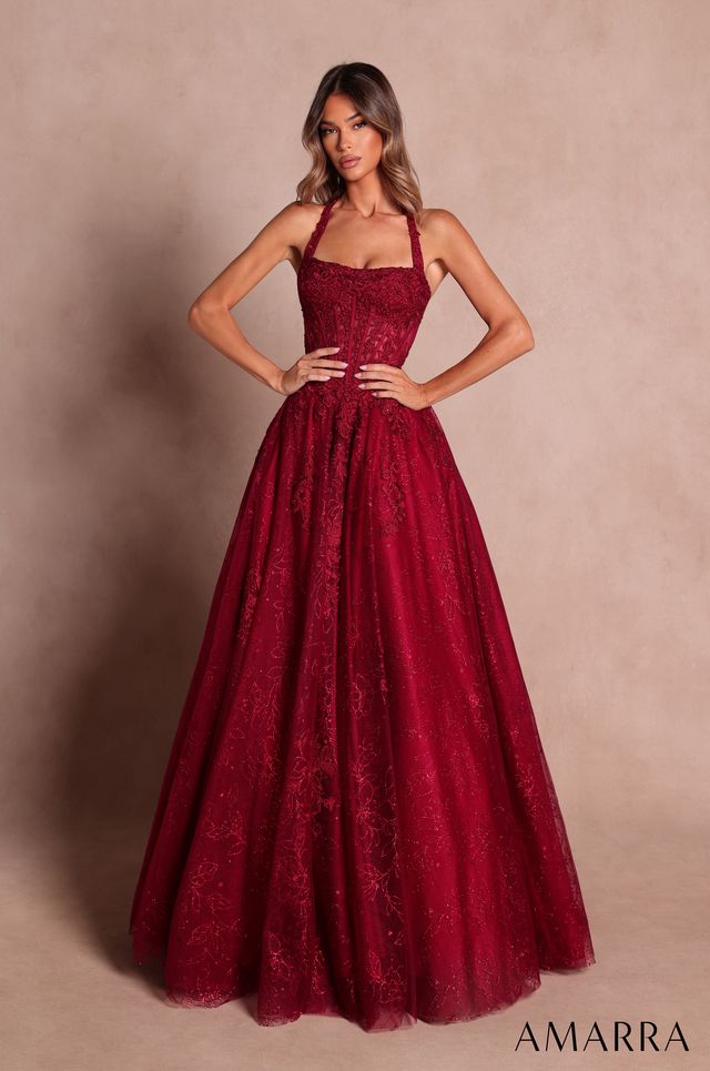 AMARRA 89685 | Halter Lace Ball Gown with Corset Bodice