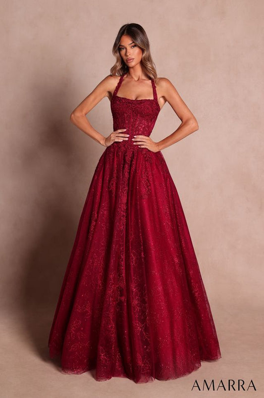 AMARRA 89685 | Halter Lace Ball Gown with Corset Bodice