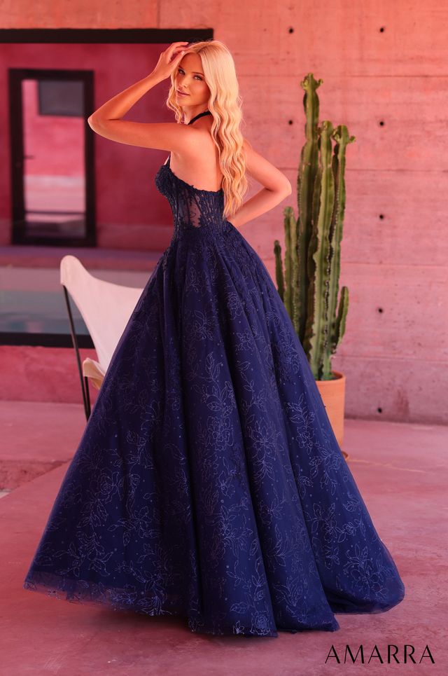AMARRA 89685 | Halter Lace Ball Gown with Corset Bodice