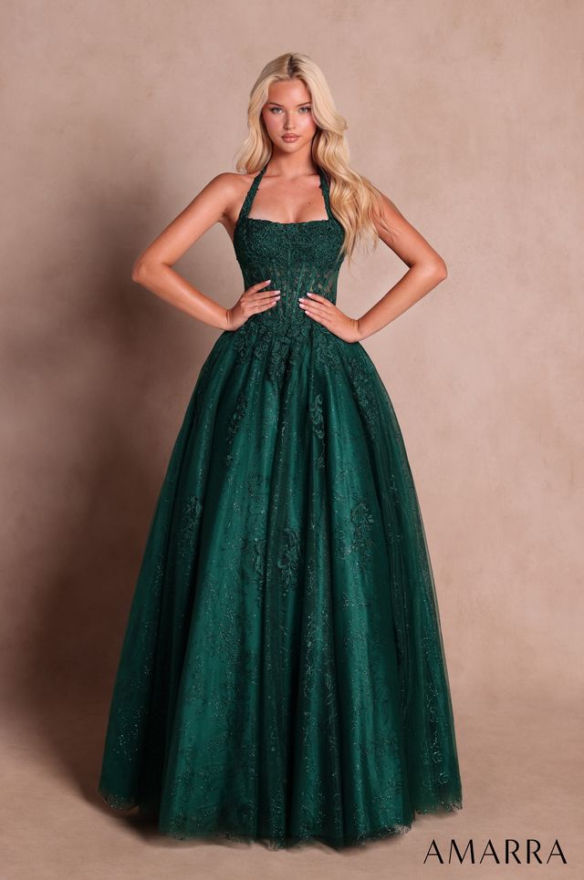 AMARRA 89685 | Halter Lace Ball Gown with Corset Bodice