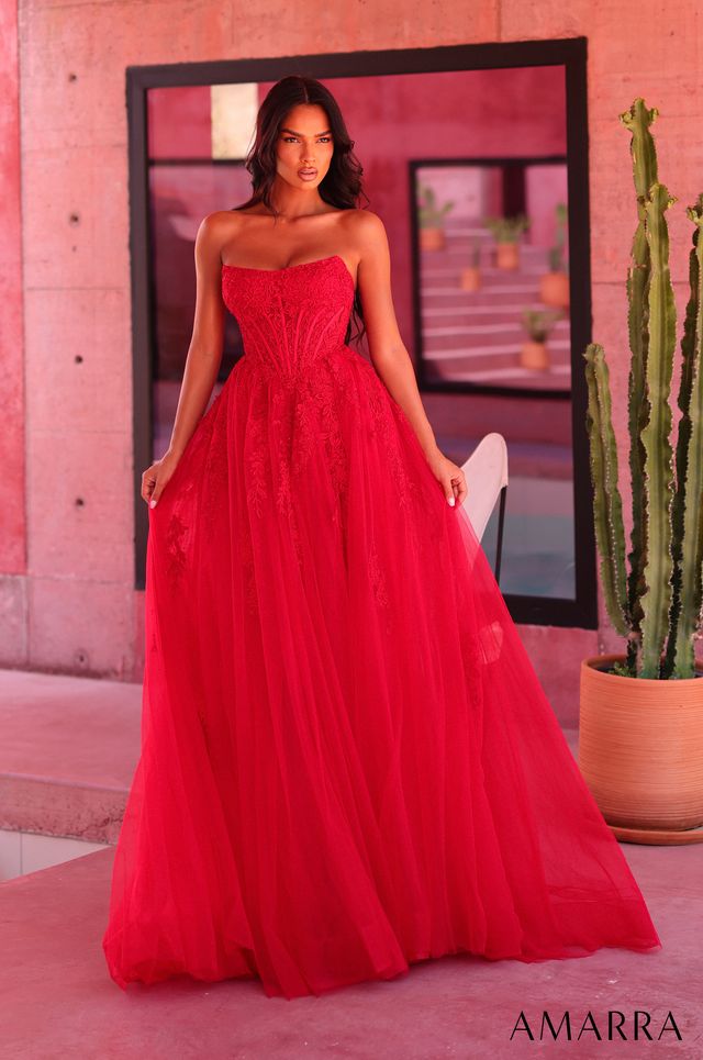 AMARRA 89684 | Strapless Corset Tulle Gown with Lace Appliqué and Slit