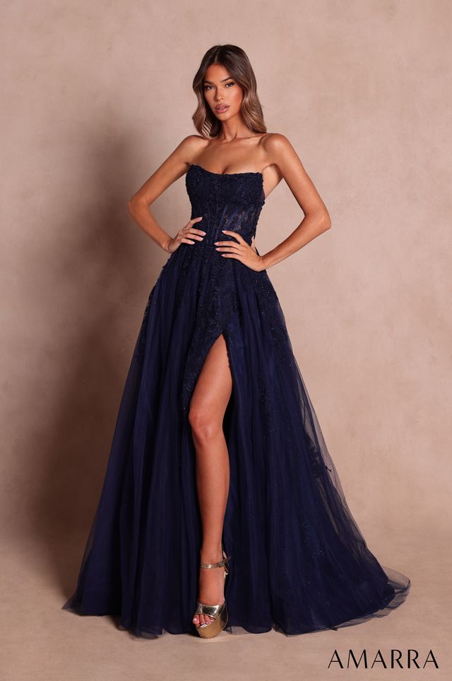 AMARRA 89684 | Strapless Corset Tulle Gown with Lace Appliqué and Slit