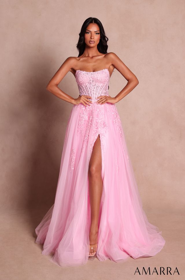 AMARRA 89684 | Strapless Corset Tulle Gown with Lace Appliqué and Slit