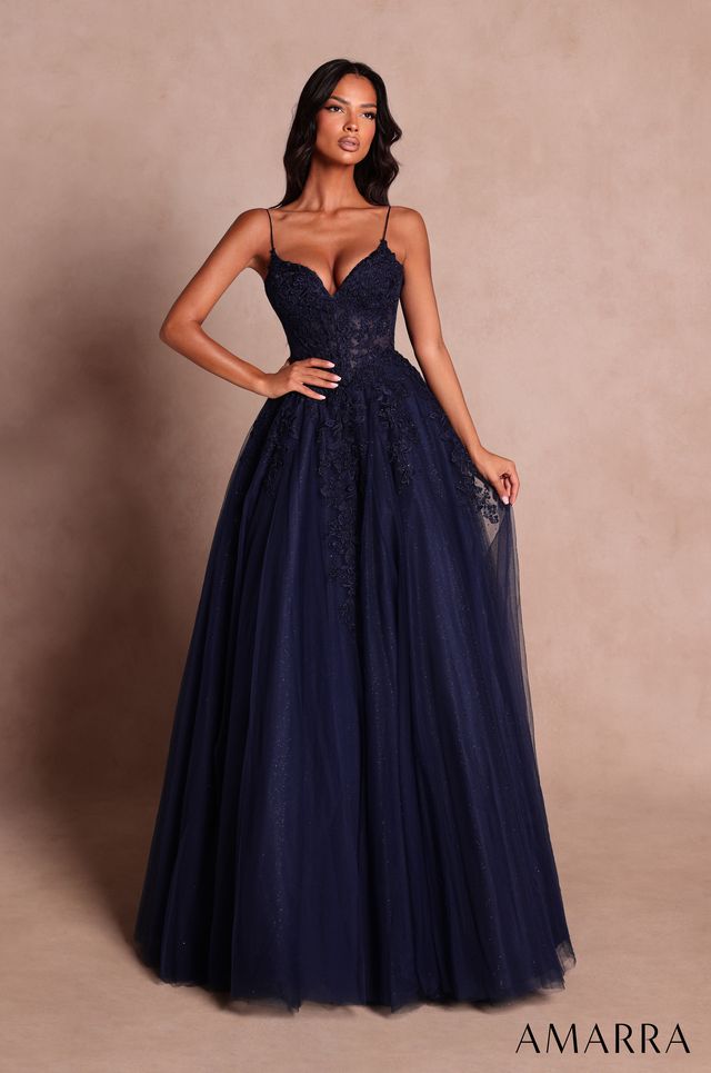 AMARRA 89682 | Lace Appliqué Tulle Ball Gown with Plunging Neckline