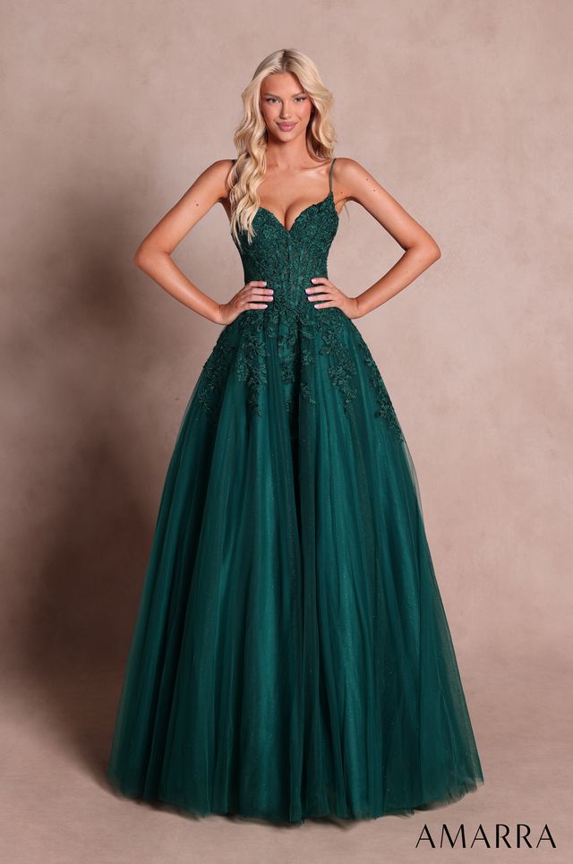 AMARRA 89682 | Lace Appliqué Tulle Ball Gown with Plunging Neckline