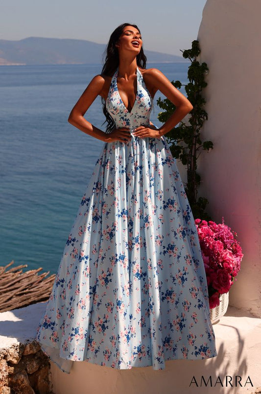 AMARRA 89616 | Floral Halter Ball Gown with Full Skirt