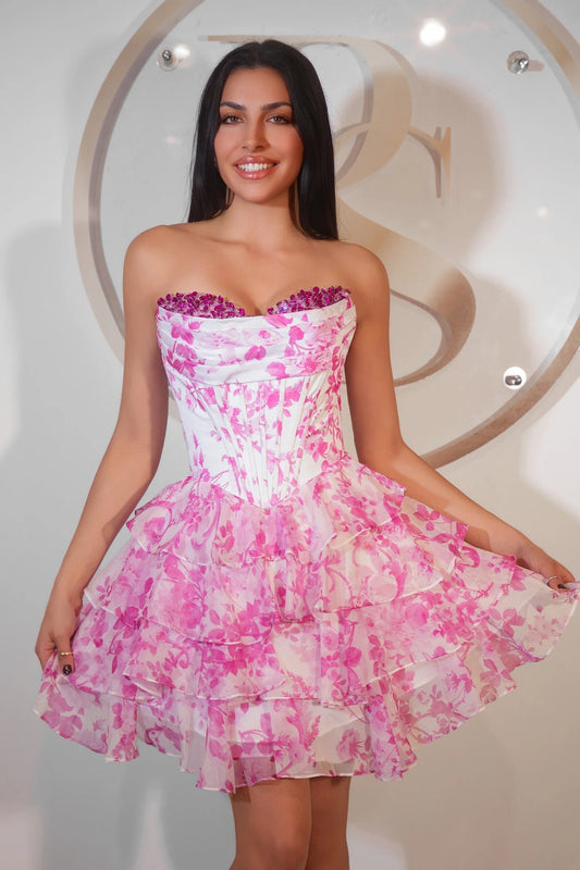 Portia and Scarlett Floral Print Corset A-Line Homecoming Dress PS25798