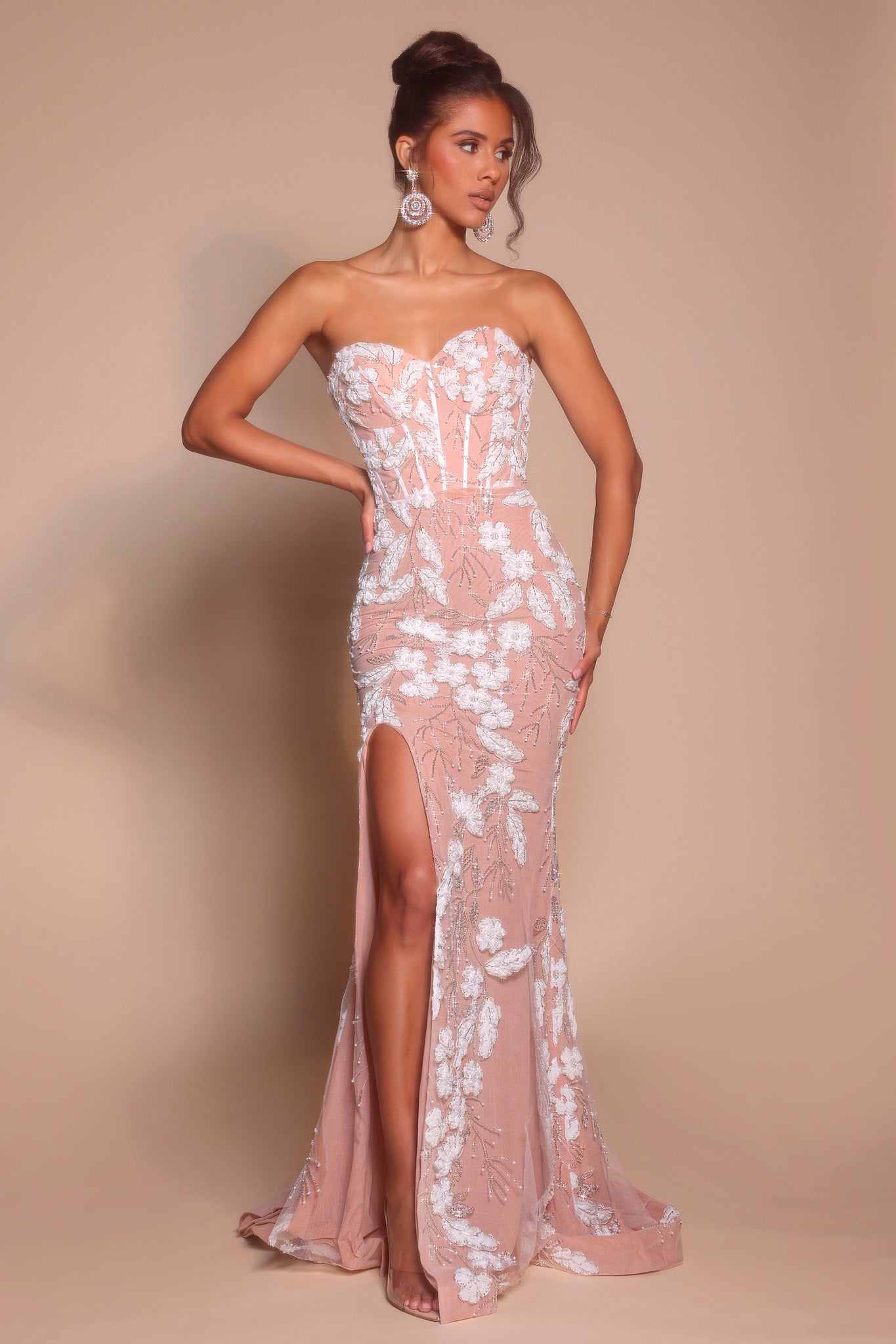 Portia & Scarlett Strapless Beaded Floral Prom Dress PS26074