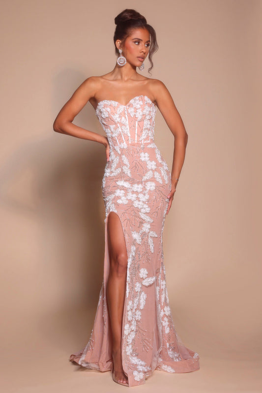 Portia & Scarlett Strapless Beaded Floral Prom Dress PS26074