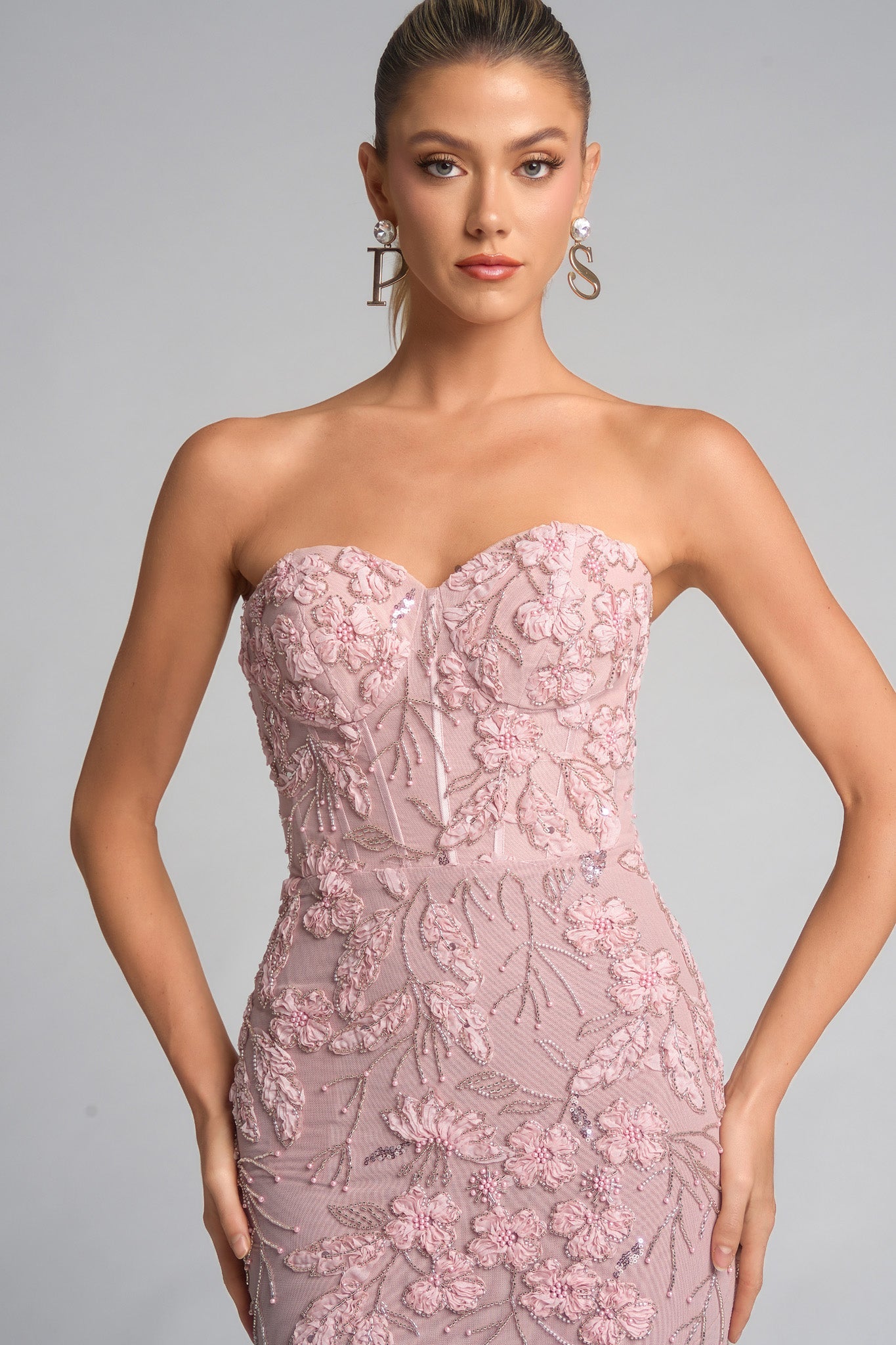 Portia & Scarlett Strapless Beaded Floral Prom Dress PS26074