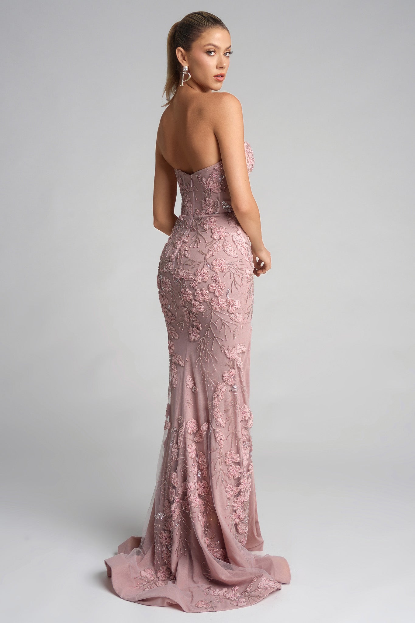 Portia & Scarlett Strapless Beaded Floral Prom Dress PS26074