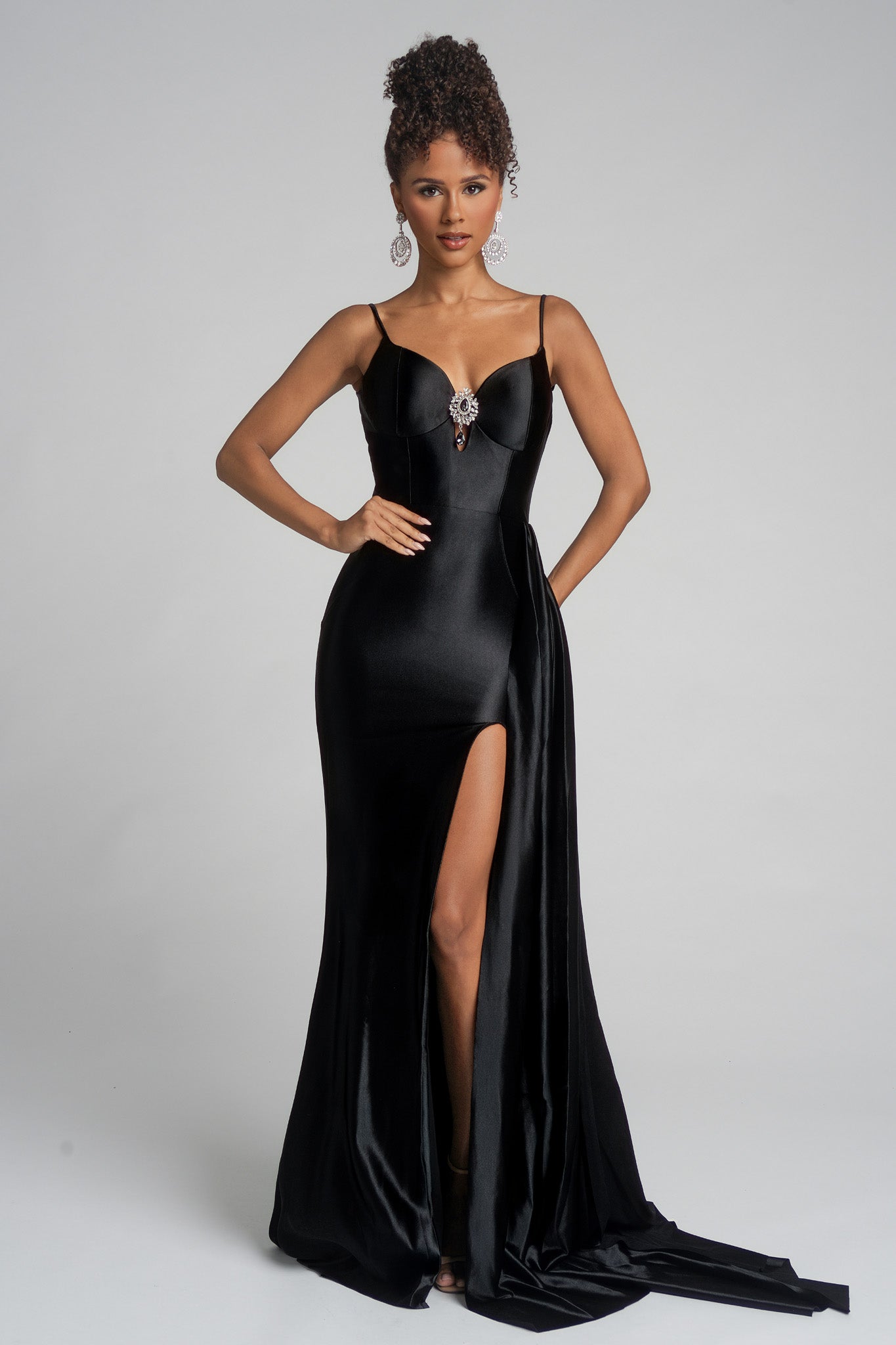 Portia and Scarlett Satin Plunging Prom Dress XO037