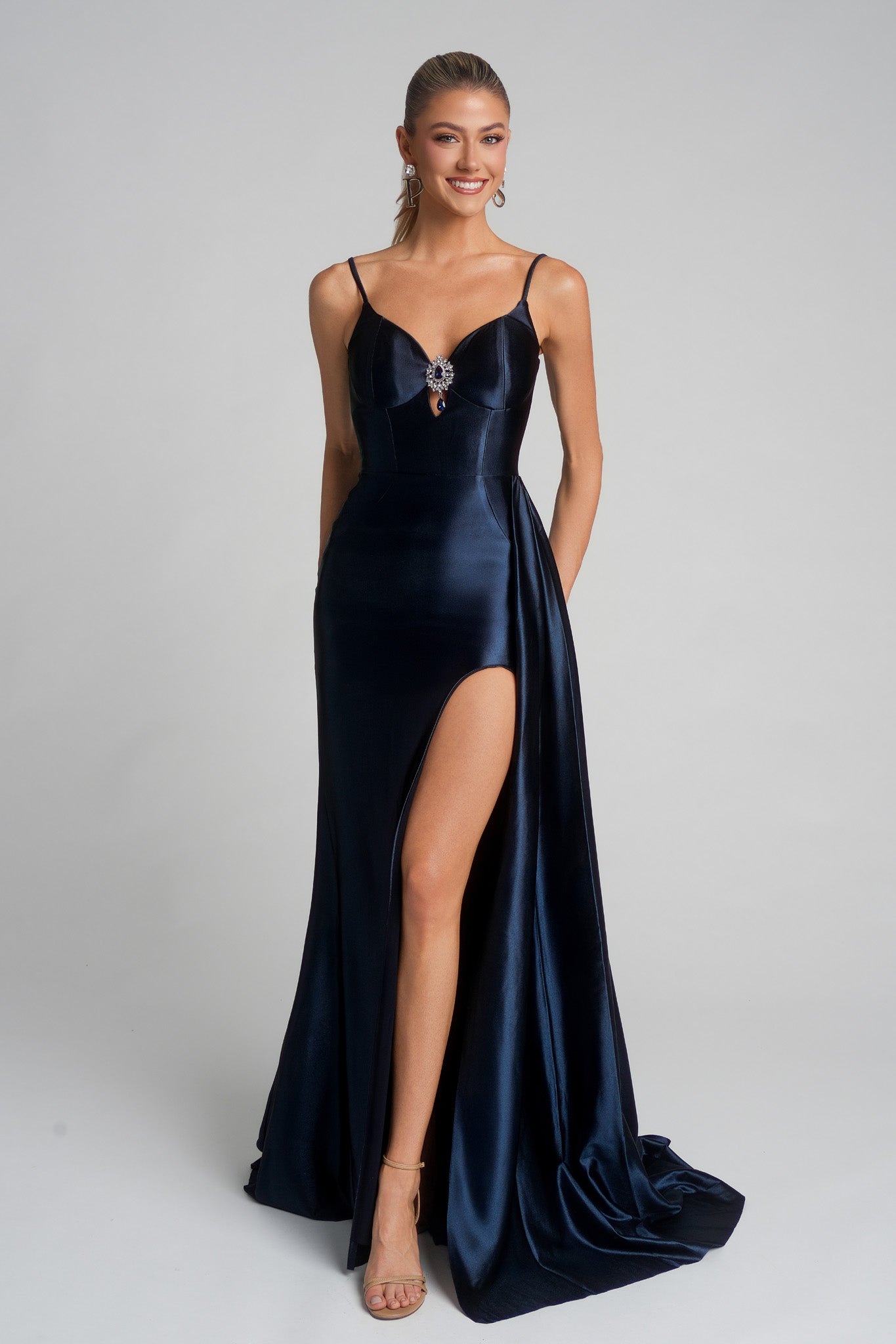 Portia and Scarlett Satin Plunging Prom Dress XO037