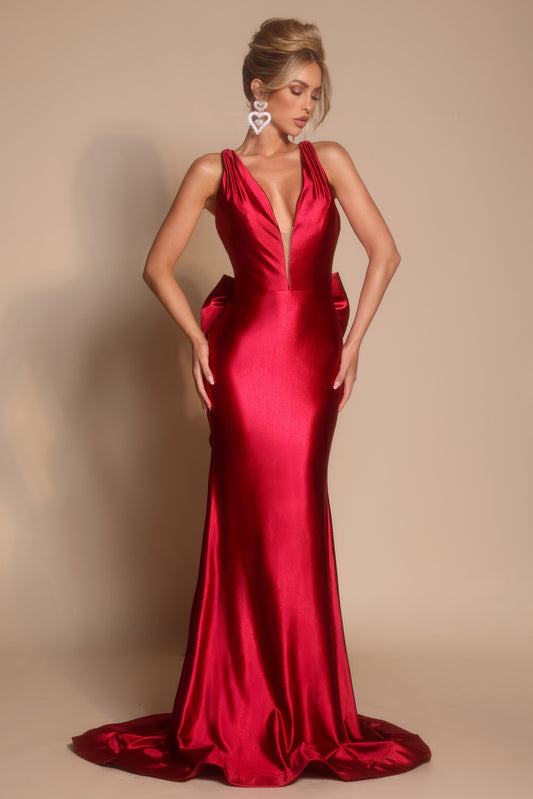 Portia and Scarlett Plunging Satin Prom Dress XO095