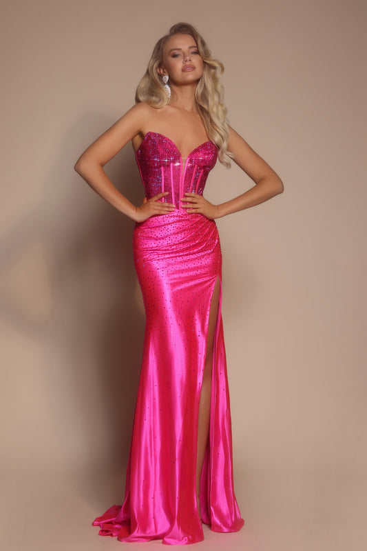 Portia and Scarlett Crystal Corset Satin Prom Dress XO098